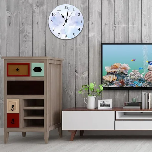 Miniatura 5 de Reloj de pared de acuarela de color morado y gris con lunares y formas, reloj de pared de PVC, funciona con pilas, silencioso, sin tictac, 12
