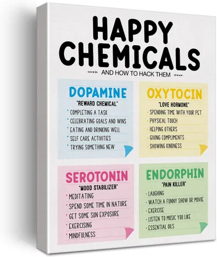Happy Chemicals - Lienzo decorativo para pared, diseño de salud mental, letrero enmarcado para terapia, consejero de oficina, decoración de oficina