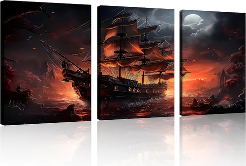 Miniatura 29 de TutuBeer 3 Piezas Arte de Pared Batalla Naval Barco Imagen Barco Pirata Velero Póster Barco Pirata Azul en Llamas Imagen Impresa en Lienzo Póster