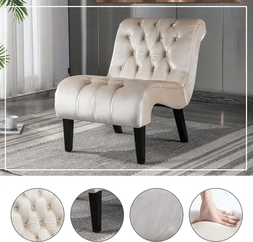 Miniatura 3 de Modern Velvet Armless Accent Living Room Chair,Upholstered Fabric Button Comfortable Leisure Chair with Wooden Legs for Bedroom,Office (Beige Velvet)