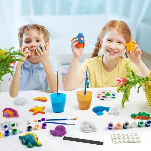 Miniatura 4 de Juboury Kit de manualidades para niños, pintura en yeso, juego de arte para pintar tu propio espacio, dinosaurios y figuras de vida marina, kit