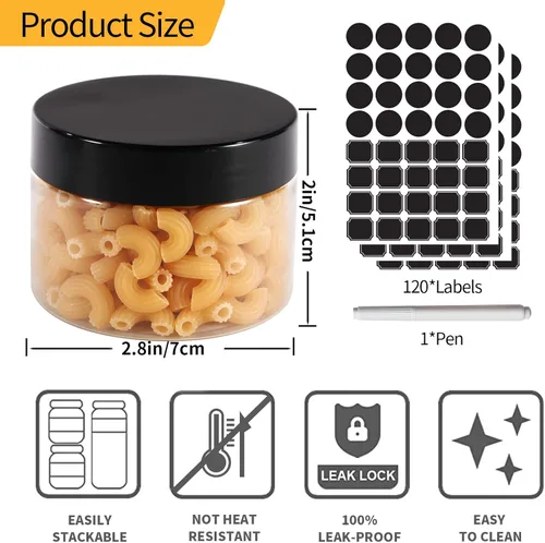 Miniatura 2 de Paquete de 48 tarros de plástico transparente de 4 onzas con boca ancha y tapas negras sin BPA, tarro de almacenamiento recargable multiusos vacío