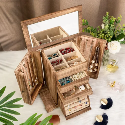 Miniatura 2 de Honiway Joyero para mujer con 6 compartimentos y espejo rústico de madera para collares pulseras aretes anillos regalos de cumpleaños