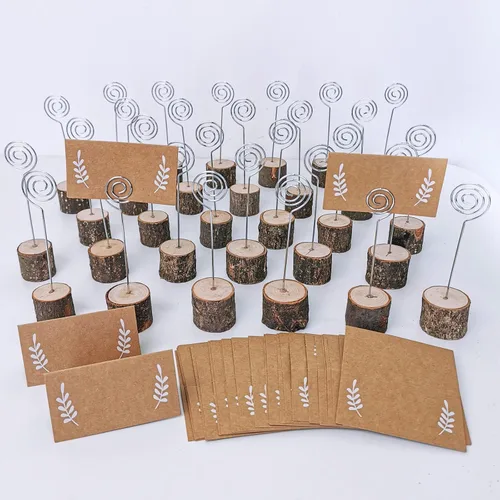Miniatura 3 de 30 unidades de soportes de madera rústica para tarjetas de lugar con alambre de remolino, soporte de madera con corteza para notas de memo, soporte