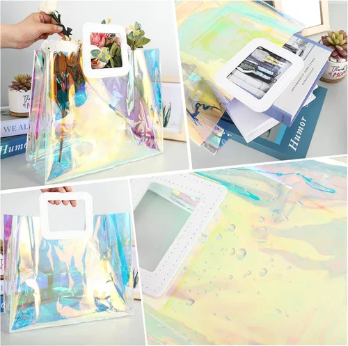 Miniatura 4 de Whaline 10 bolsas de regalo holográficas de PVC de 12.8 x 11.6 x 5.7 pulgadas, bolsas de plástico con asas, bolsa de regalo grande para envolver