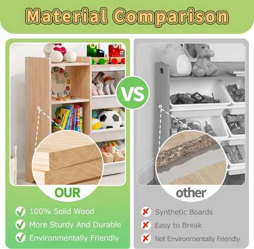 Miniatura 16 de MallBest Estante organizador de almacenamiento de juguetes para niños de 4 niveles, 100% madera maciza, armario de almacenamiento para niños con 9