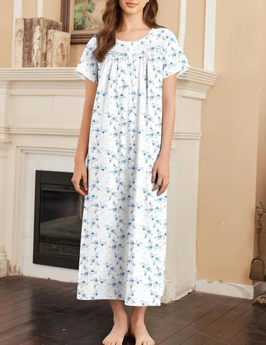 Miniatura 3 de Ekouaer Camisón para Mujeres de Algodón Camisón Largo de Noche Camisón de Manga Corta con Bolsillos Camisón con Botones Ropa de Dormir Suave