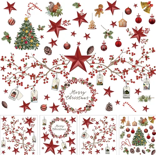 4 hojas de calcomanías de pared navideñas removibles Feliz Navidad para ventanas y paredes, pegatinas de arte de árbol, decoración navideña/Xmas