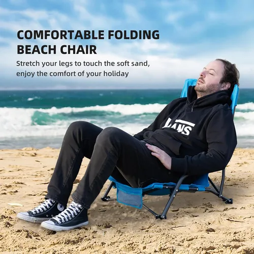Miniatura 6 de Silla de playa plegable portátil para adultos, juego de 2, silla ligera con respaldo bajo con soporte para tazas y bolsillo de almacenamiento, silla