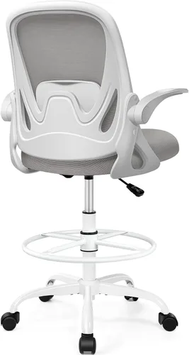 Silla de dibujo alta de oficina con reposabrazos abatibles, altura ajustable y soporte lumbar mejorado, taburete ergonómico rodante, soporte de Gris
