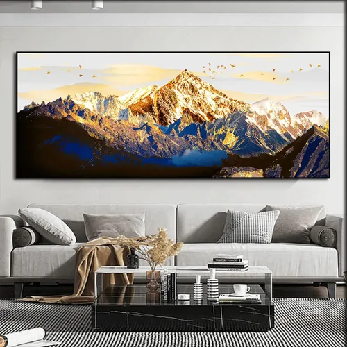 Miniatura 2 de Imprimir sobre lienzo. Cartel de la naturaleza Cuadros abstracta del paisaje de la montaña de la nieve del oro. Impresiones en lienzo Arte