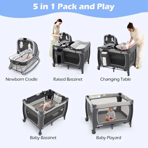 Miniatura 3 de INFANS Paquete y juego 4 en 1, portátil para bebé, niño, corralito de viaje con moisés, colchón, cambiador de pañales, bolsa, música, cesta