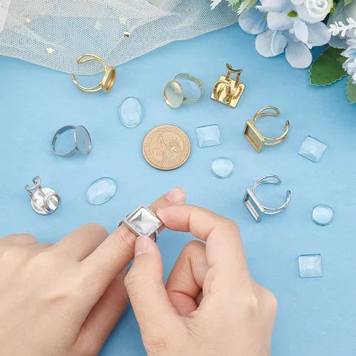Miniatura 3 de SUNNYCLUE Anillo de dedo, base de anillo ajustable en blanco, media redonda, base de cabujón plano, configuración de bandeja de bisel para kit