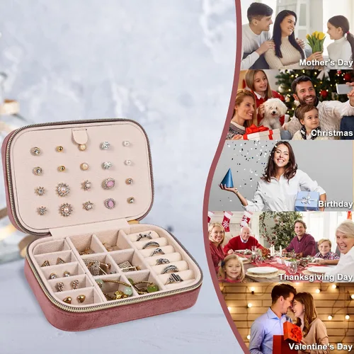 Miniatura 6 de Dajasan Joyero de terciopelo, pequeño estuche de joyería de viaje, organizador de joyas portátil de viaje para mujeres y niñas (rosa)