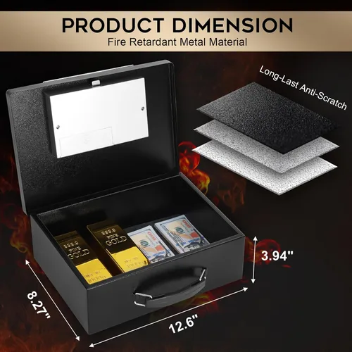 Miniatura 2 de Dalmbox - Caja de seguridad portátil de metal con cerradura de código digital, almacenamiento resistente al fuego para documentos, caja de seguridad