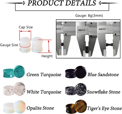 Miniatura 8 de Qmcandy - Juego de 6 pares / 16 pares de dilatadores para las orejas, de piedra mixta, expansores, conjunto de perforación corporal calibre 8G a 3/4