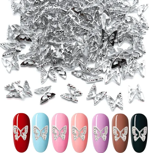Miniatura 7 de WOKOTO 100 dijes de uñas de mariposa plateada para uñas acrílicas, joyería de mariposa 3D, joyería de uñas para uñas acrílicas, arte de mariposa 3D