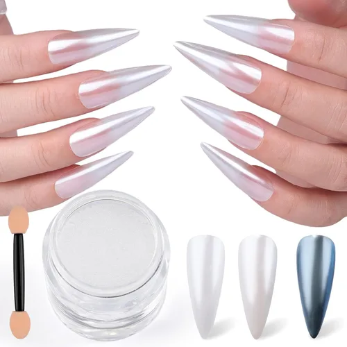 Miniatura 9 de Polvo de uñas cromado Moonlight, polvo de uñas cromado Aurora Pearl efecto espejo holográfico blanco brillante pigmento de azúcar polvo purpurina