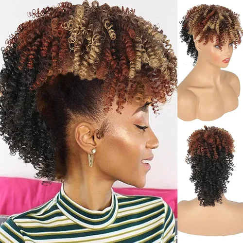 Miniatura 10 de Aisaide Cola de caballo afro Mohawk alta con flequillo sin cordón, extensión de cola de caballo corta rizada sin cordón, clip sintético en moño