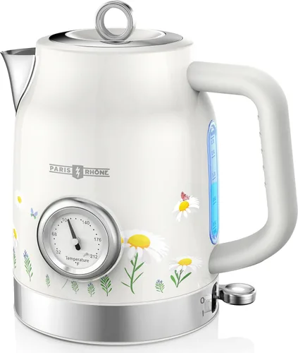 Tetera eléctrica retro, hervidor de té caliente PARIS RHÔNE de 1.7 litros con termómetro, calentamiento rápido de 1500 W, diseño inalámbrico,
