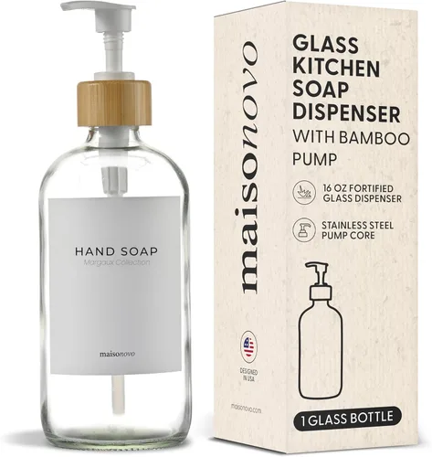 Miniatura 16 de MaisoNovo Dispensador de jabón de manos de vidrio Dispensador de jabón para platos para cocina Botellas ámbar de 16.9 onzas con bomba de bambú