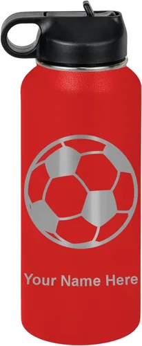 Miniatura 32 de LaserGram Botella de agua personalizada, pelota de fútbol, acero inoxidable de doble pared aislada al vacío con popote superior, regalo grabado