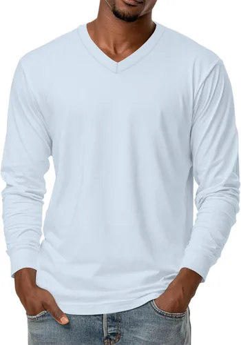 Miniatura 19 de Camiseta para hombre, manga larga, cuello en V, color liso, informal, básica, suave, elástica, M-3XL