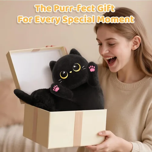 Miniatura 7 de Almohada larga de felpa negra ultra suave diseñada por artistas de Mewaii, con relleno extra para mayor comodidad, peluche de animal de alta