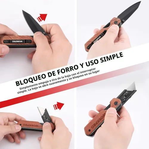 Miniatura 6 de WORKPRO Cuchillo plegable 2 en 1/cuchillo utilitario, regalos para papá, cortador de caja de cambio rápido con clip para cinturón y bloqueo de Madera