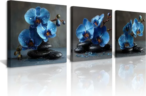 NAN Wind 3 piezas de arte de pared de orquídea azul, piedras de spa zen, impresión en lienzo, gotitas de agua, naturaleza muerta, botánica,