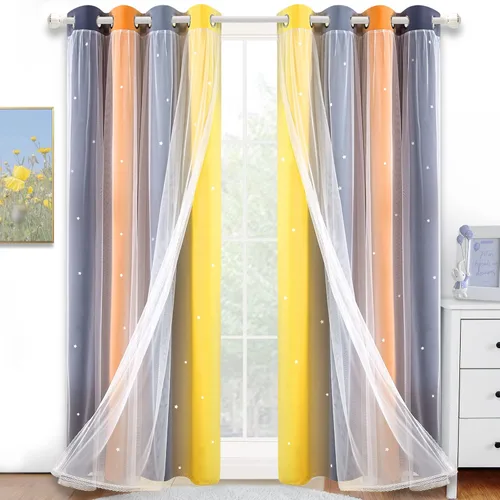 Miniatura 19 de Cortinas opacas con recorte de estrellas y arcoíris para guardería/habitación de niños/niñas, con superposición de tul, 2 paneles, cada una de 52