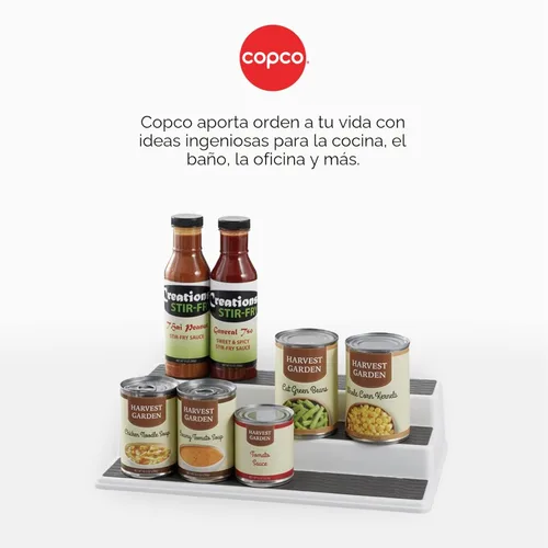Miniatura 7 de Copco Organizador de especias de 3 niveles para armario o despensa, estante escalonado antideslizante de 10 pulgadas, diseño blanco/gris que