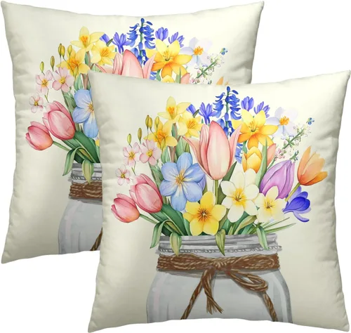 Miniatura 20 de Juego de 2 fundas de cojín decorativas con bandera americana y flores de amapola roja y azul, 16 x 16 pulgadas, fundas cuadradas para sofá, sillón