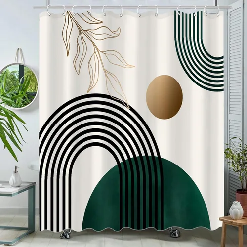 Miniatura 13 de Aipon Cortina de ducha verde de mediados de siglo para baño, cortina de ducha abstracta de estilo bohemio, de tela moderna, impermeable, para baño