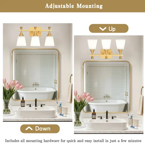 Miniatura 3 de Lámpara moderna de tocador de baño de 3 luces, lámparas de pared de vidrio de leche sobre el espejo, iluminación de tocador de oro cepillado