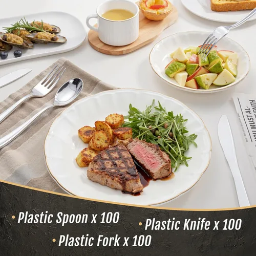 Miniatura 4 de WDF 300 cubiertos de plástico plateado, cubiertos de plástico resistentes, 100 tenedores, 100 cuchillos, 100 cucharas, cubiertos desechables Plata