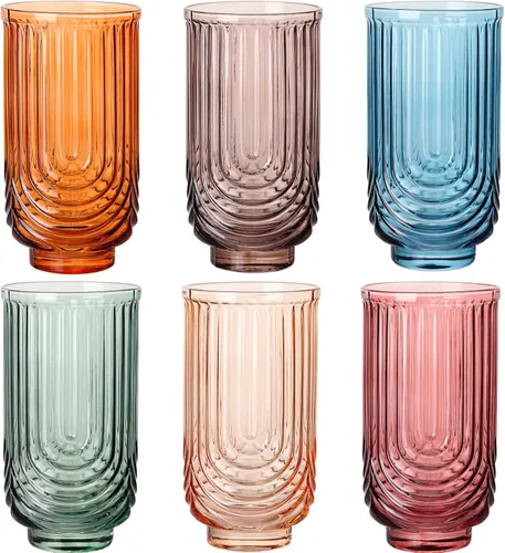 Miniatura 12 de Juego de vasos de bebida verdes vintage, vasos de cóctel transparentes estilo arco de 6 unidades, vasos de vidrio acanalados de 15 onzas, hechos a