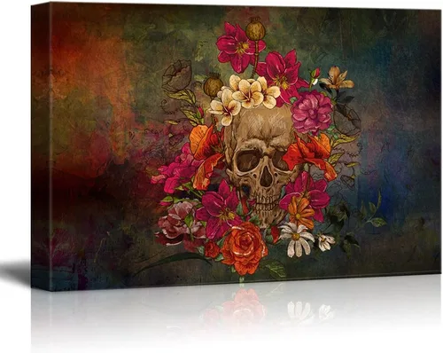 Miniatura 6 de wall26 - Lienzo decorativo para pared, calavera y flores sobre fondo abstracto, arte moderno para el hogar, listo para colgar, 32 x 48 pulgadas Obra