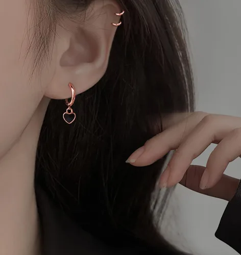 Miniatura 3 de SLUYNZ Aretes de aro de plata de ley 925 con forma de corazón negro para mujeres y adolescentes de 0.6 in