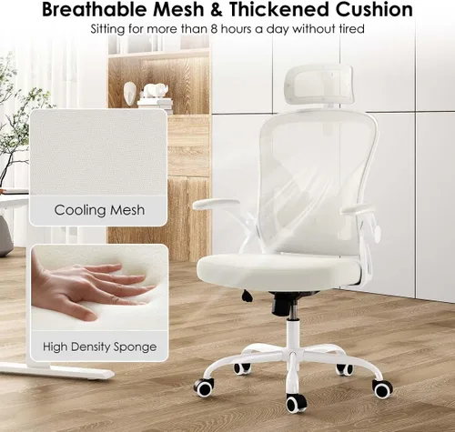 Miniatura 8 de Silla de oficina ergonómica con soporte lumbar ajustable y reposacabezas, silla de escritorio de malla de respaldo alto con reposabrazos abatibles