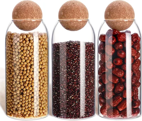 Miniatura 10 de 3 piezas de tarro de vidrio con tapa de corcho esférico decorativo, botella redonda sellada, recipiente de almacenamiento, organizador con sello