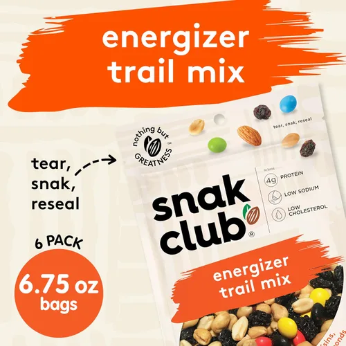 Miniatura 3 de Snak Club Energizer Trail Mix con cacahuetes salados tostados, pasas, caramelos de chocolate, almendras tostadas, aperitivos sin gluten y kosher