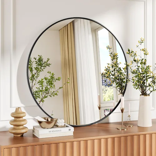 Miniatura 13 de Espejo redondo dorado de 30 pulgadas para pared, espejo de baño circular grande para sobre el fregadero, marco de metal dorado mate, vidrio