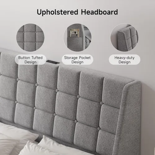 Miniatura 7 de Cabecero tapizado ergonómico tamaño queen con estación de carga, cabeceros con respaldo de orejas de lino con bolsillo de almacenamiento, solo Gris