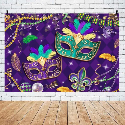 Miniatura 5 de MEHOFOND Telón de fondo de Mardi Gras de 7 x 5 pies, para baile de graduación, carnaval, fiesta, fotografía, fondo morado, verde, dorado, cuentas