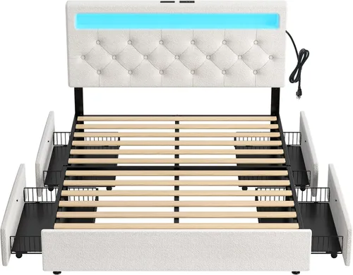 Miniatura 11 de Rolanstar Base de cama individual con estación de carga, cama LED con almacenamiento debajo de la cama, cabecera ajustable de 38.9/40.8 pulgadas,