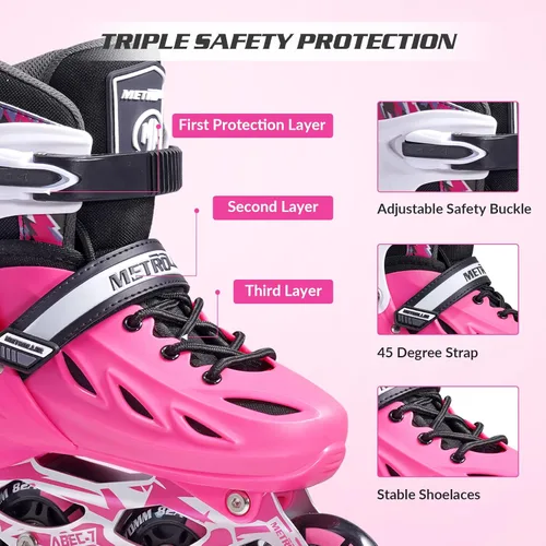 Miniatura 3 de METROLLER Patines en línea para niñas y niños, mujeres, hombres, 4 tallas ajustables, patines en línea con ruedas que se iluminan, patines Rosa