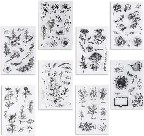 UCEC 8 hojas de sellos transparentes de flores para hacer tarjetas, sellos de silicona para manualidades, sello de flores de goma transparente