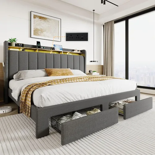Miniatura 13 de SHA CERLIN Base de cama de plataforma de tamaño matrimonial con cabecera de canal vertical copetuda y 2 cajones de almacenamiento, estantes de 2