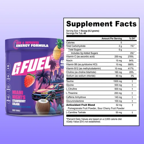 Miniatura 7 de G Fuel Miami Nights 2.0 - Bebida energética en polvo, mezcla de cafeína preentrenamiento para juegos, amino de enfoque sin azúcar, vitamina +